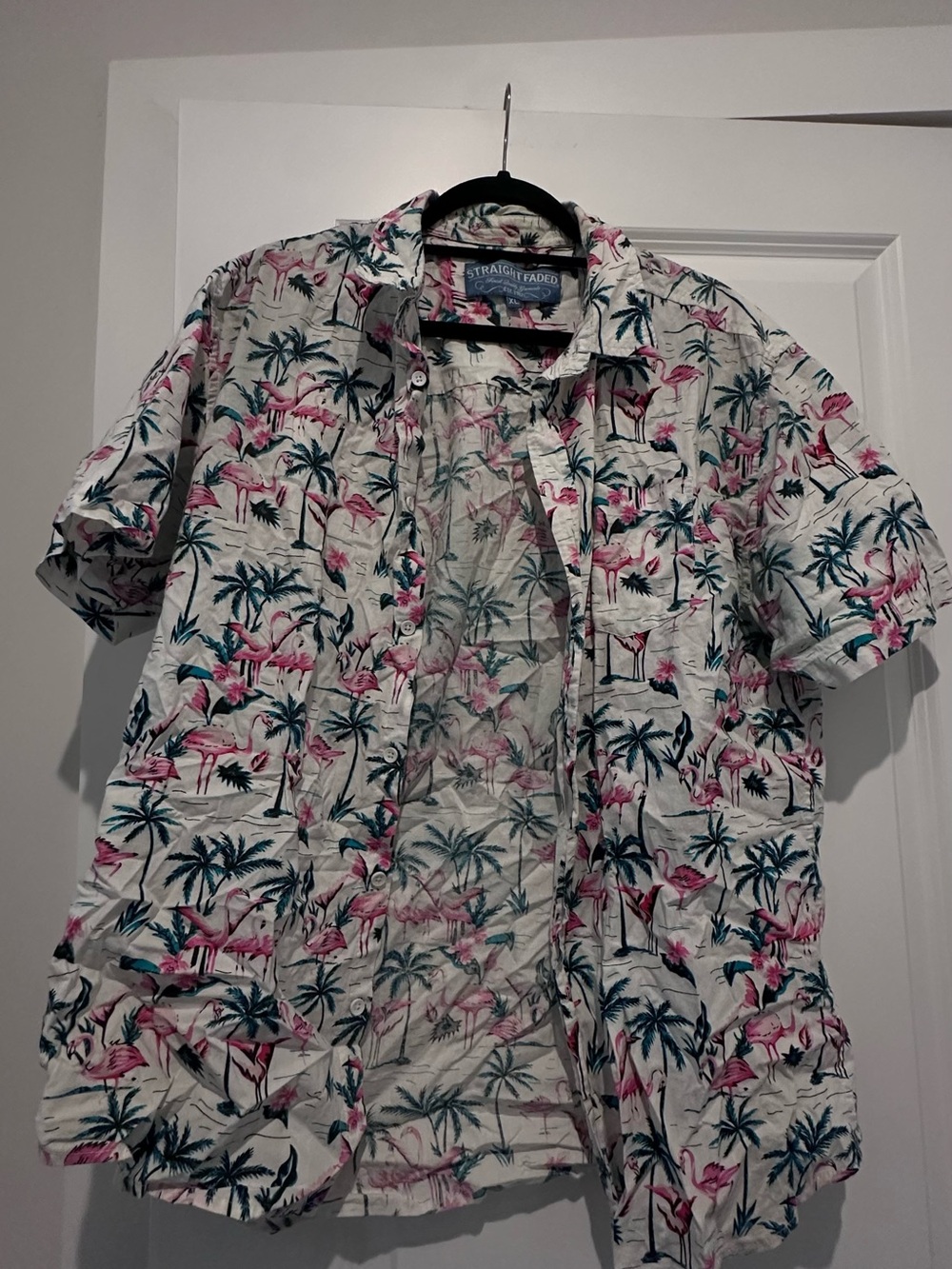 Men's White Flamingo Print Short Sleeve Button Down Shirt